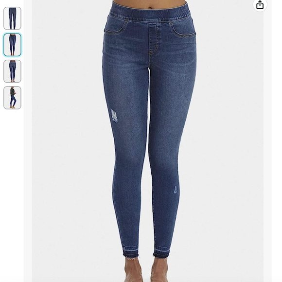 SPANX Distressed Denim Skinny Jean Ankle Raw Hem Jeans Size Medium - Picture 4 of 15